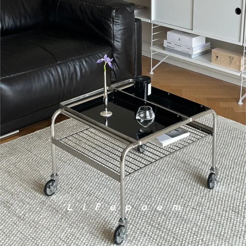 MOMO Medieval Style Movable Stainless Steel Coffee Table Cart Simple Light Luxury Sofa Side Table Double-layer With Tray Shelf