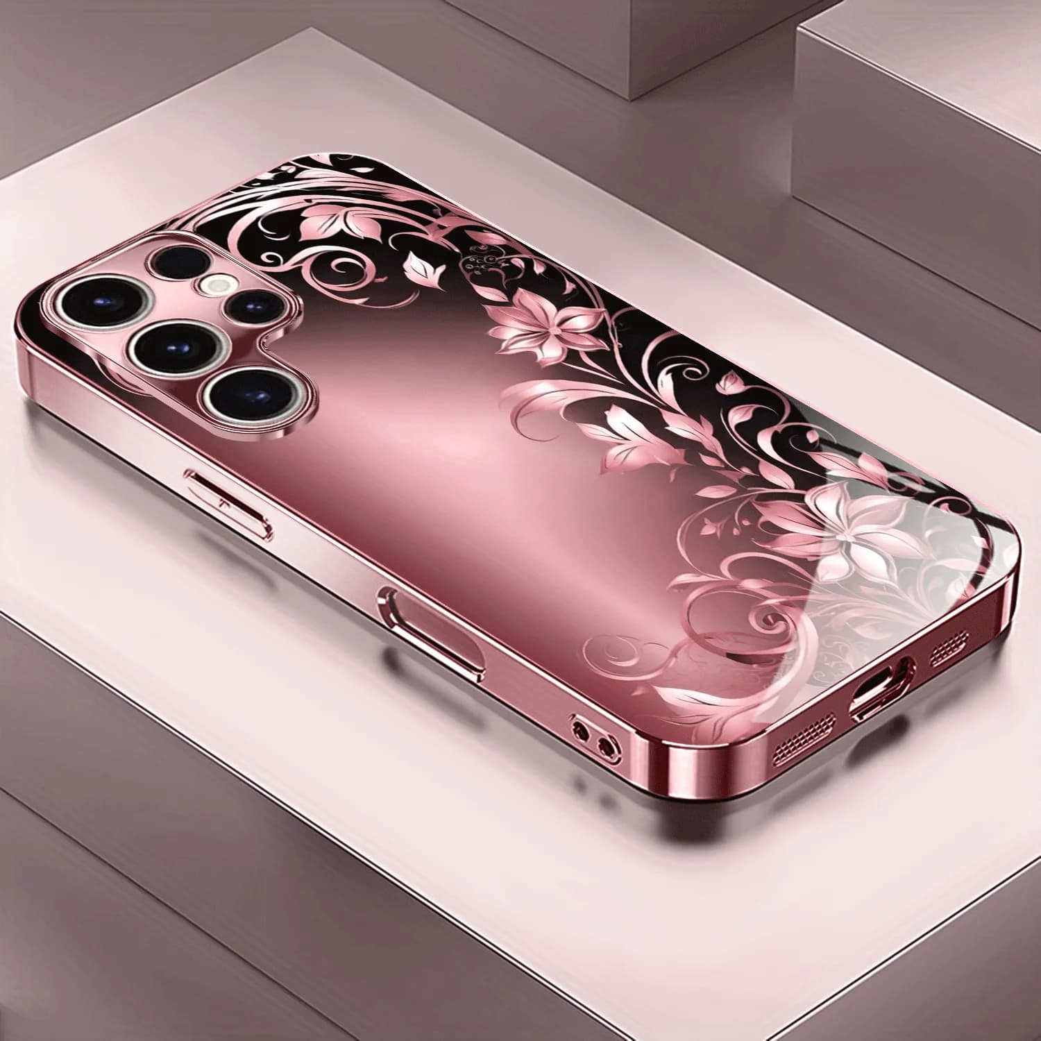 Floral-patterned Rose Gold Electroplated Glass Phone Case, Suitable for Samsung Galaxy S26/S25/S24/S23/S22/S21 and Other Models