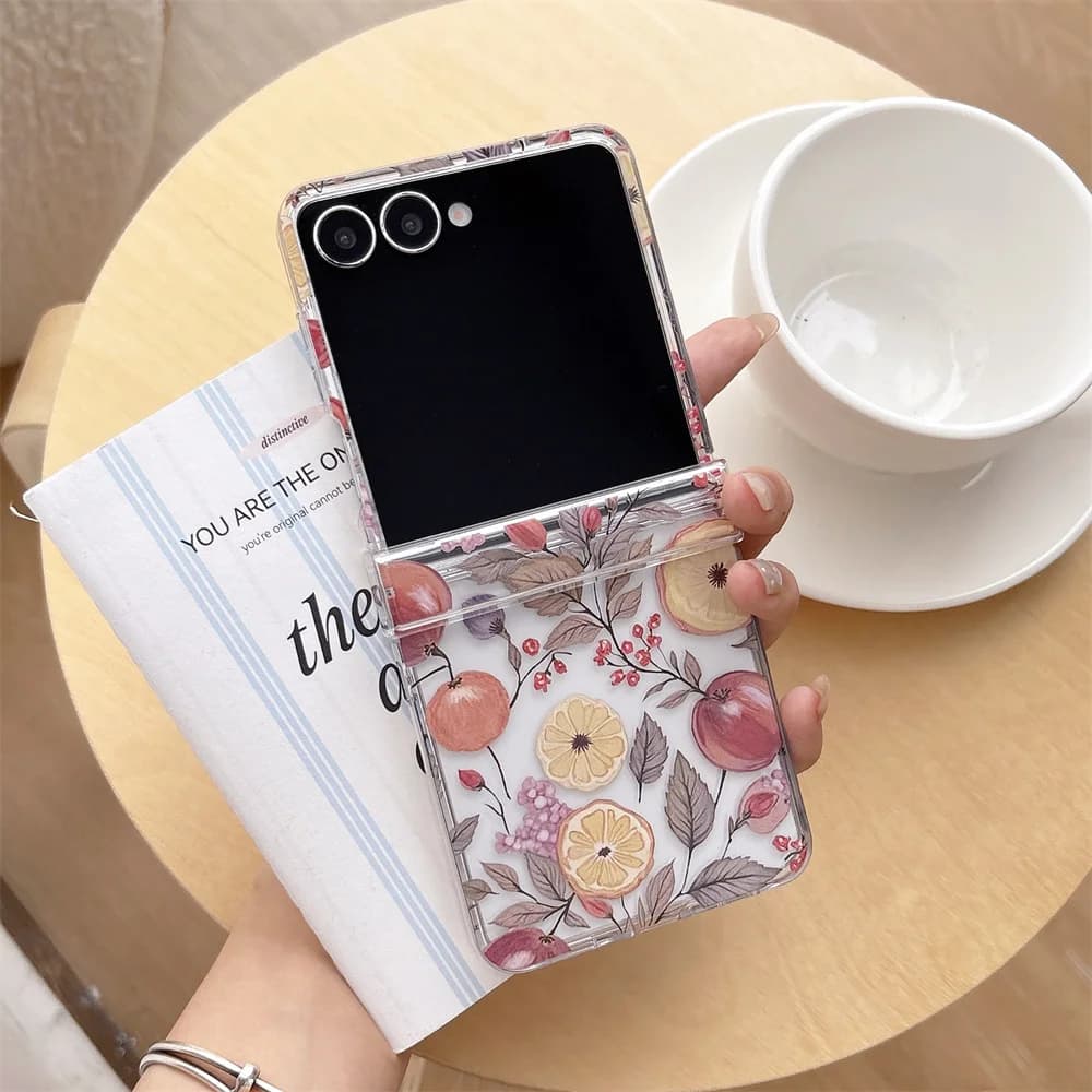 Vintage Autumn Watercolor Fruit Printed Phone Case for Samsung Galaxy Z Flip 8-3 Cute Sweet Mixed Bead Strap Protective Cover