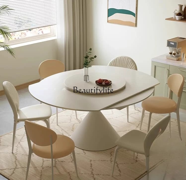 Cream style slate dining table household rotating telescopic multifunctional round slate dining table
