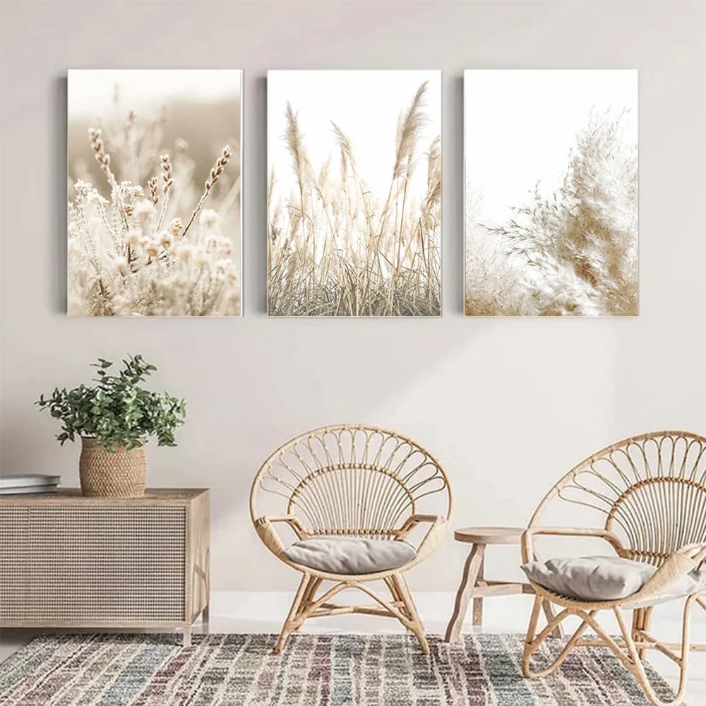 Beige Brown Pampas Grass Picture, Neutral Boho Minimal Farm Room Wall Art 3pcs Poster, Rustic Home Interior Decor Canvas Print
