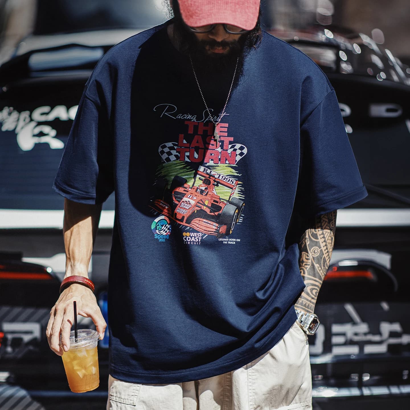 MADEN Vintage Men's Short Sleeve T-Shirt 100% Cotton Racing Graphic Print Oversized Loose Streetwear Casual Mens Tee Summer
