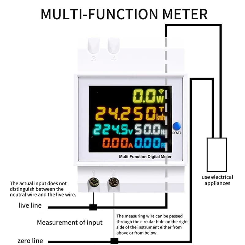 【6-in-1 Integrated】AC Energy Monitor DIN Rail Mount, Tracks KWH Voltage Current Power Factor Frequency 110-380V