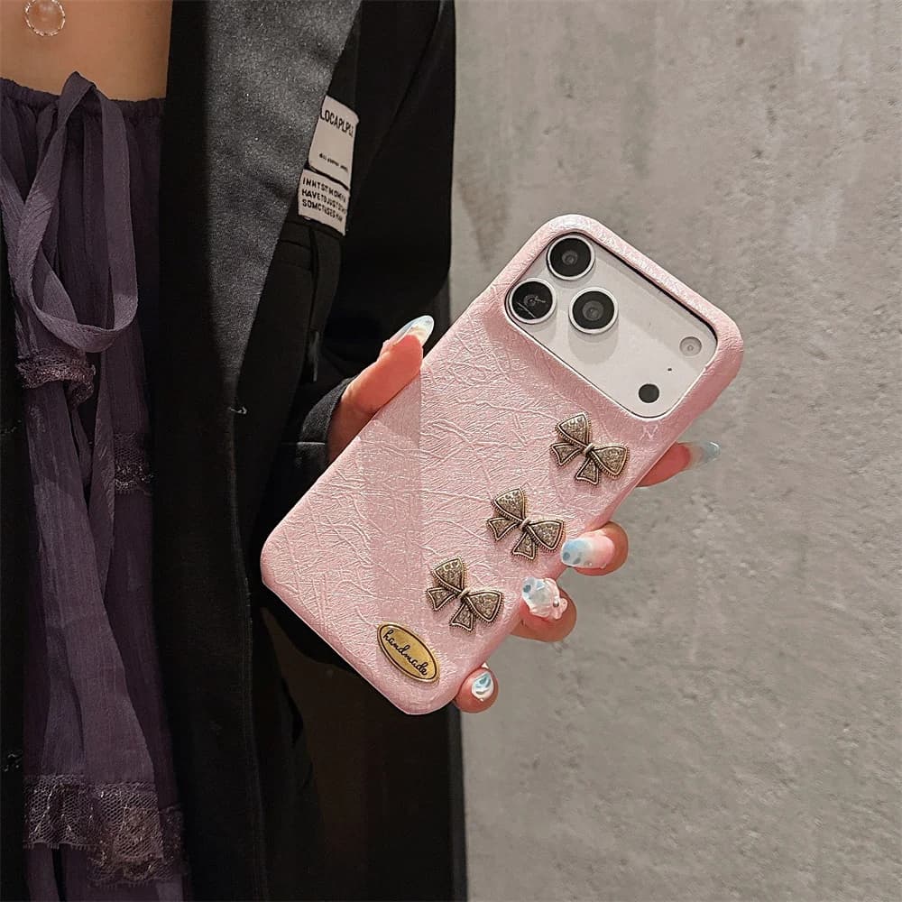 Luxury Elegant Retro 3D Metal Bow Phone Case for iPhone 18 17 Pro Max 16 15 14 13 Fashion Shimmer Silk Grain Protection Cover