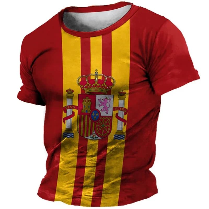 Retro Spain Flag 3D Printed T-shirt Men's Clothing Short Sleeve Crew Neck T Shirts Harajuku Streetwear National Emblem Tee Top