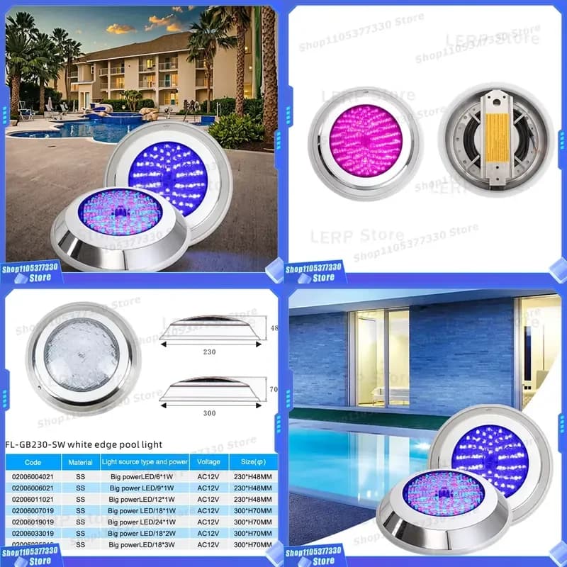 LED Pool Light Underwater Stainless Steel Lamp with Transformer for Swimming Pool Fountain Waterproof Submersible Lighting