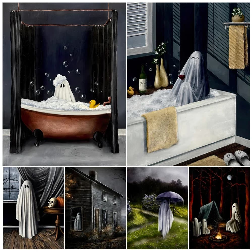 The Ghost Of White Sheets In The Bathtub Vintage Canvas Wall Art Ghost House Ghost & Camping Ghost Family Art Poster Print Decor