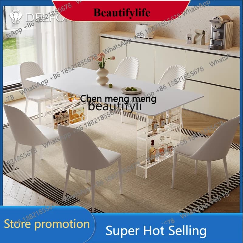 z183 AY55  Acrylic suspended rock slab dining table with rack storage rectangular white dining table