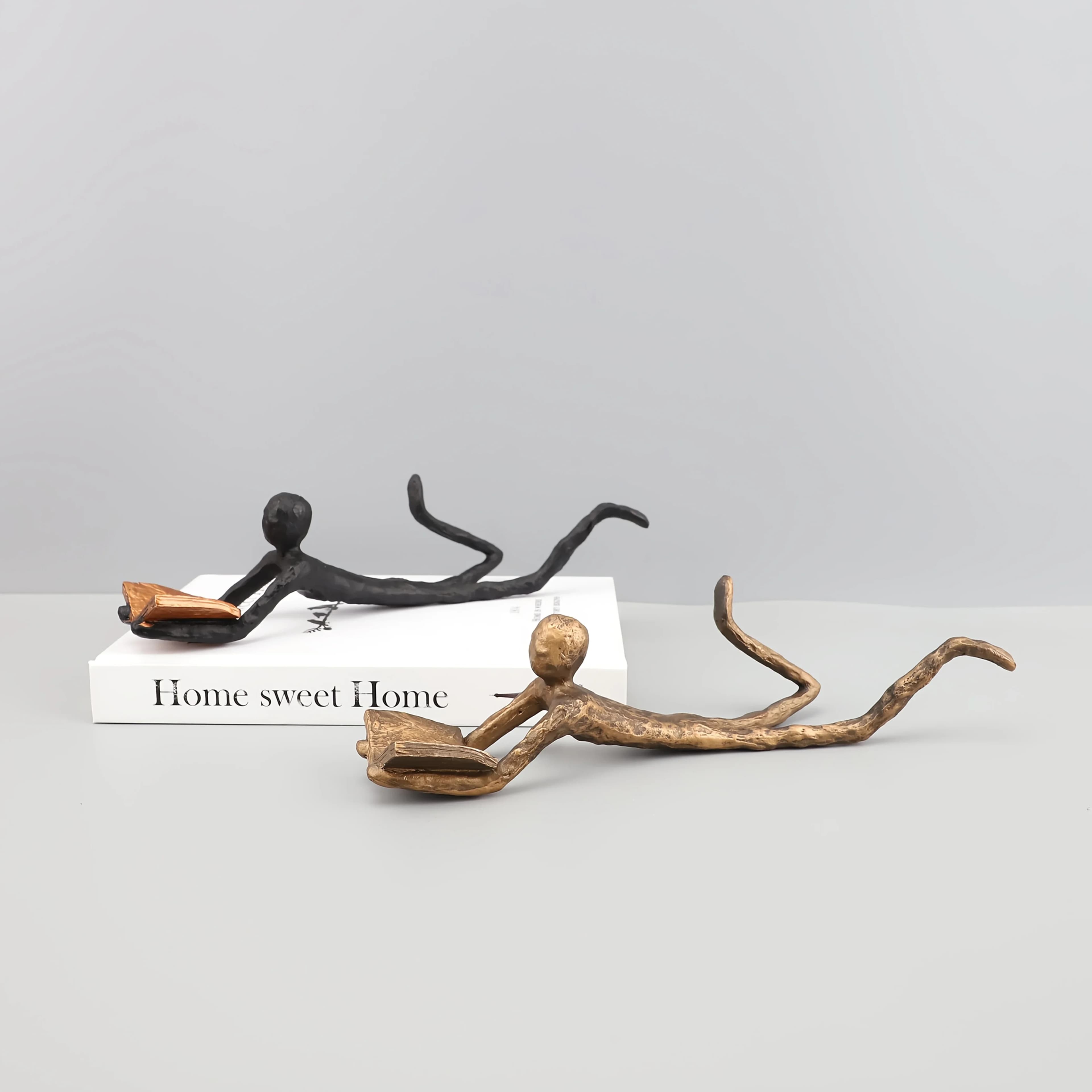 Artistic Book Lover Figurine Reading Man Decorative Statue Iron Sculpture for Living Room Office Tabletop Book Shelf Decor Gift