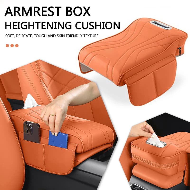 Multifunctional Car Armrest Box Cushion Leather Heighten Arm Rest Pad With Tissue Box Holder Side Storage Bag Auto Accessories