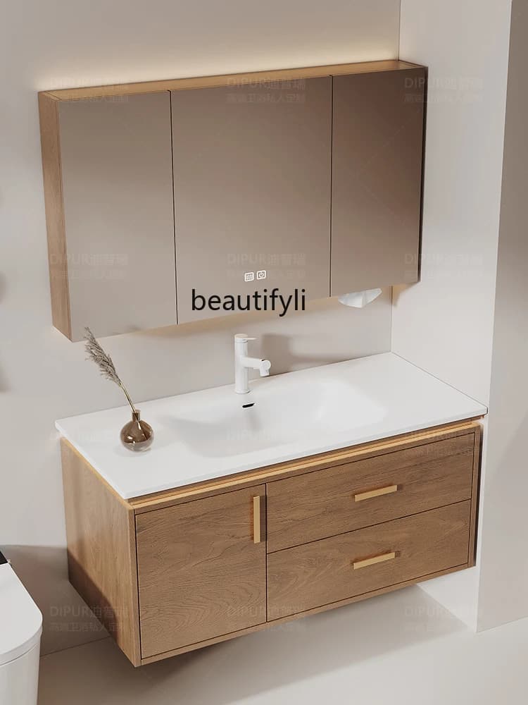 Mobiletto del bagno in quercia rossa combinazione lavabo integrato in ceramica lastra di roccia lavabo moderno