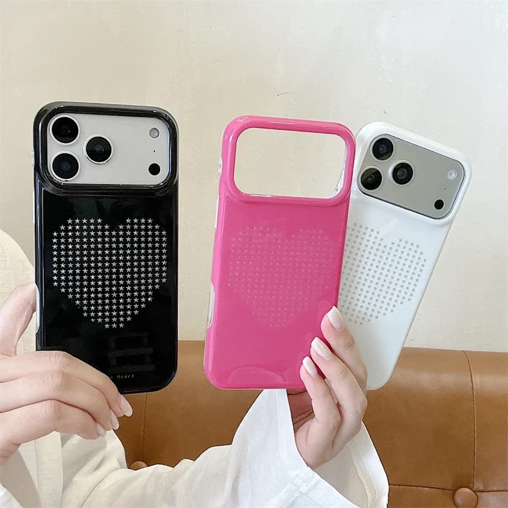Hollow Star Heart Breathable Phone Case For iPhone 15 16 17 Pro Max Glossy Cover Heat Dissipation Shockproof Protective Shell