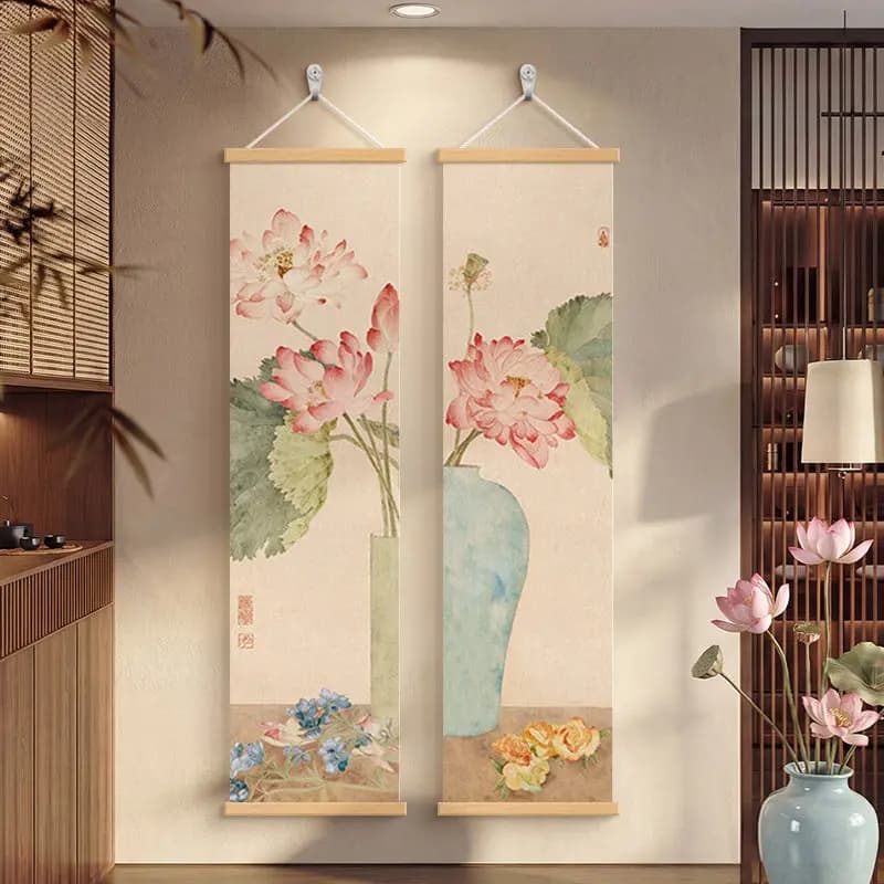 Vintage Lotus Flower Wall Scroll Set - Chinese Ink Wash Art on Pearlescent Canvas with Wooden Rods Wabi Sabi Decorative Art