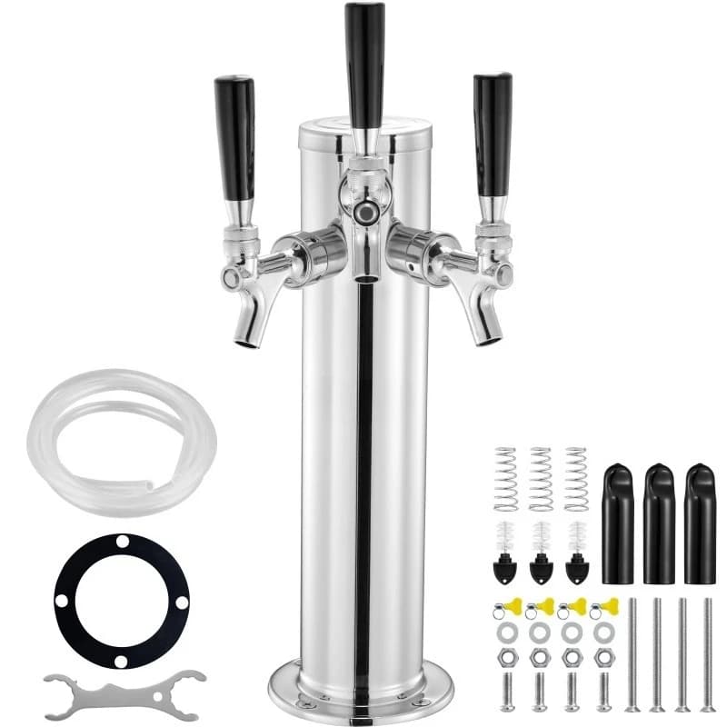 Triple Taps Draft Beer Tower Dispenser Stainless Steel Keg Beer Tower Kegerator Tower Kit Pre-Assembled Tubing for Bar