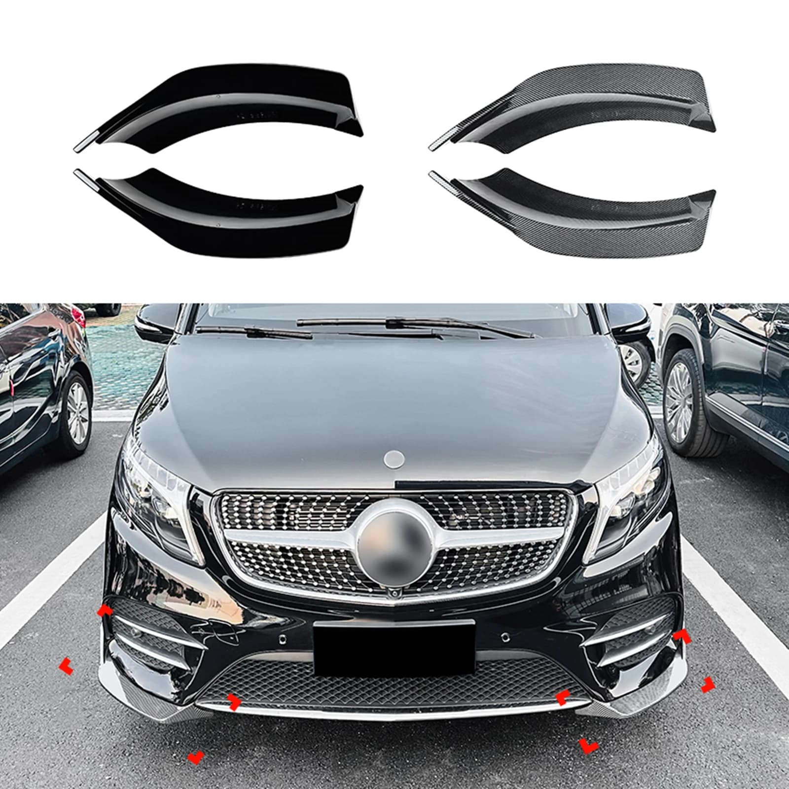 Front Bumper Side Spoiler Cover Lip For Mercedes Benz V Class W447 V260 AMG Line 2016-20 Carbon Fiber Look/Gloss Black Splitter