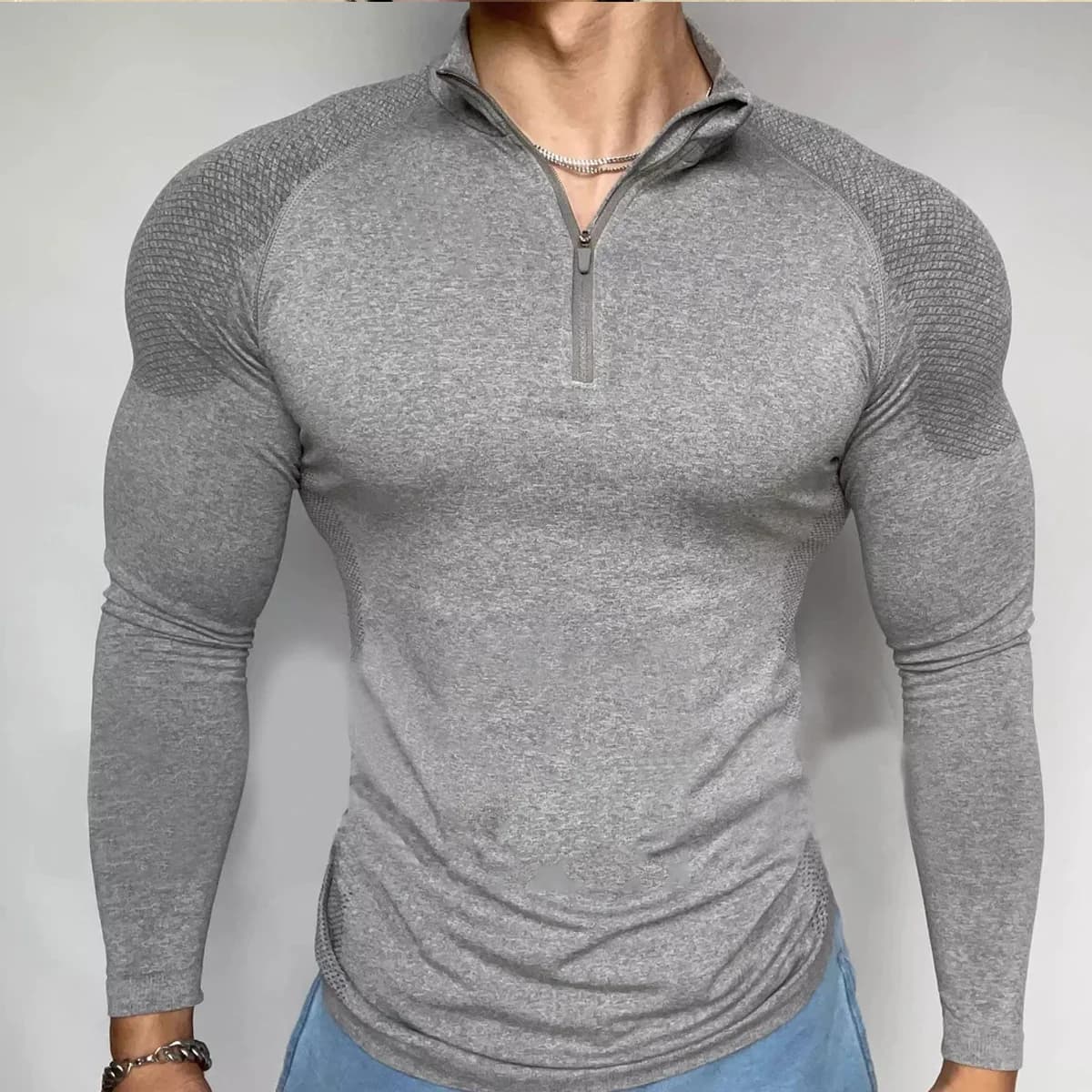 2026 New Men Seamless Jacquard Long Sleeve T Shirt Zipper Design Slim Fit Quick Dry Workout Tops Gym Fitness Training Tee