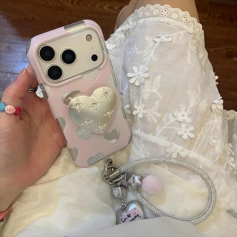 Kawaii Pink Phone Case For iPhone 17 Pro Max 16 Pro 15 14 Pro Max Hard Protective Cover with Cute Heart Stand and Hand Strap