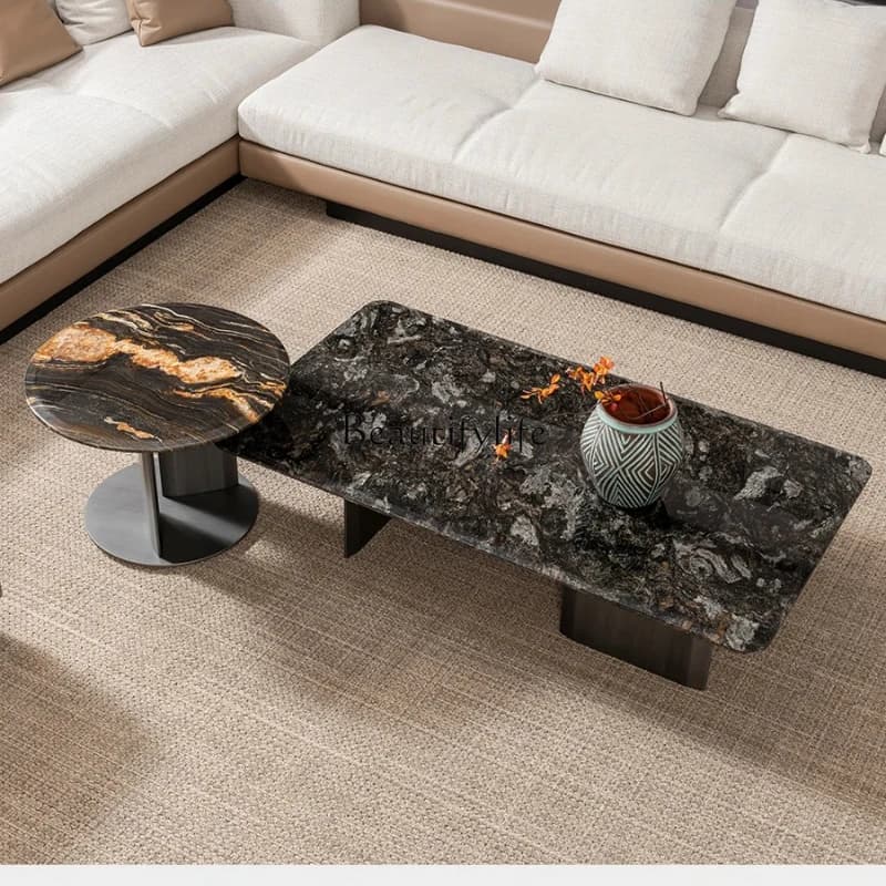 02 Italian minimalist high-end natural marble combination coffee table living room household small apartment