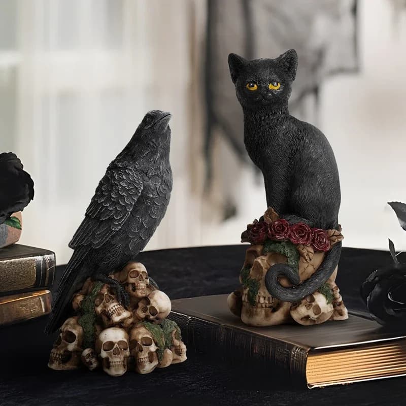 ERMAKOVA escultura de cabeza de calavera de resina, estatua de gato negro, estatuilla creativa de calavera de escritorio, regalo