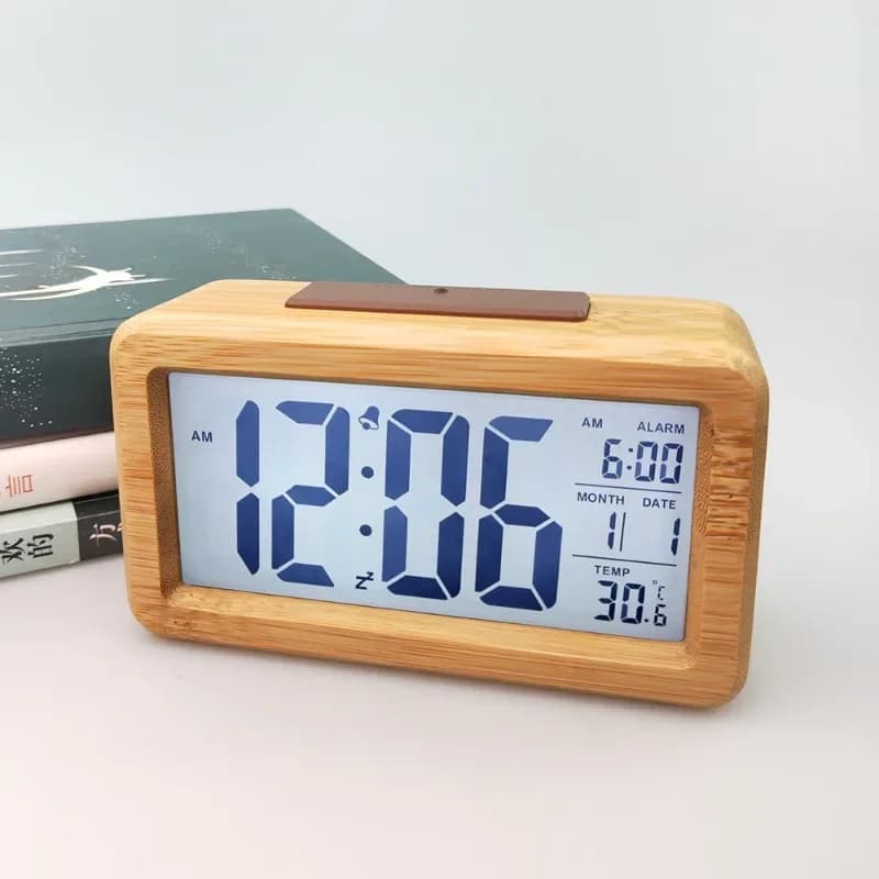 Solid Wood Small Alarm Clock Rectangular Bedside Clock Student Wake-up Electronic Watch Luminous Date Temperature Display