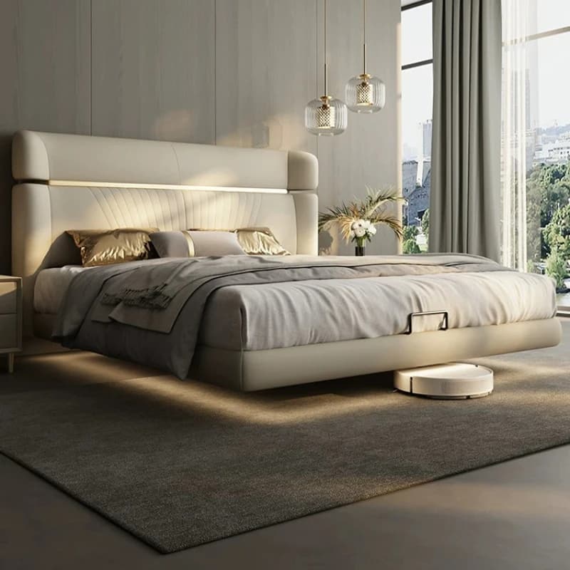 Large Headboard Adult Bed Frame Waterproof Beige Wooden Floating Double Bed Queen Luxury Platform Cama Casal Furniture For Home