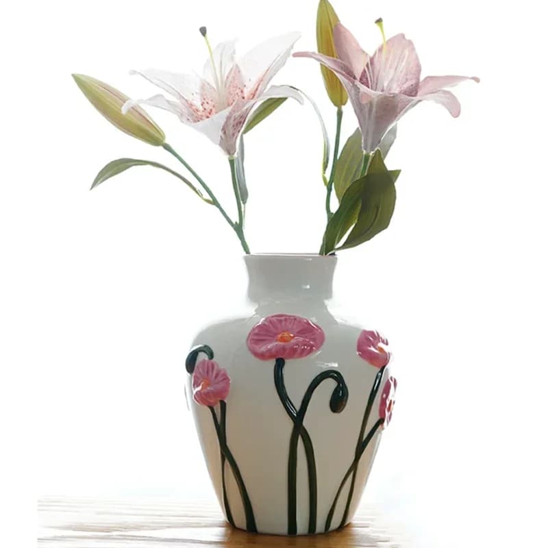 3D Relief Painted Flower and Bird Ceramic Vase, Ceramic Jar, Flower Arrangement, Hydroponic Vase, Room Aesthetic Decoration