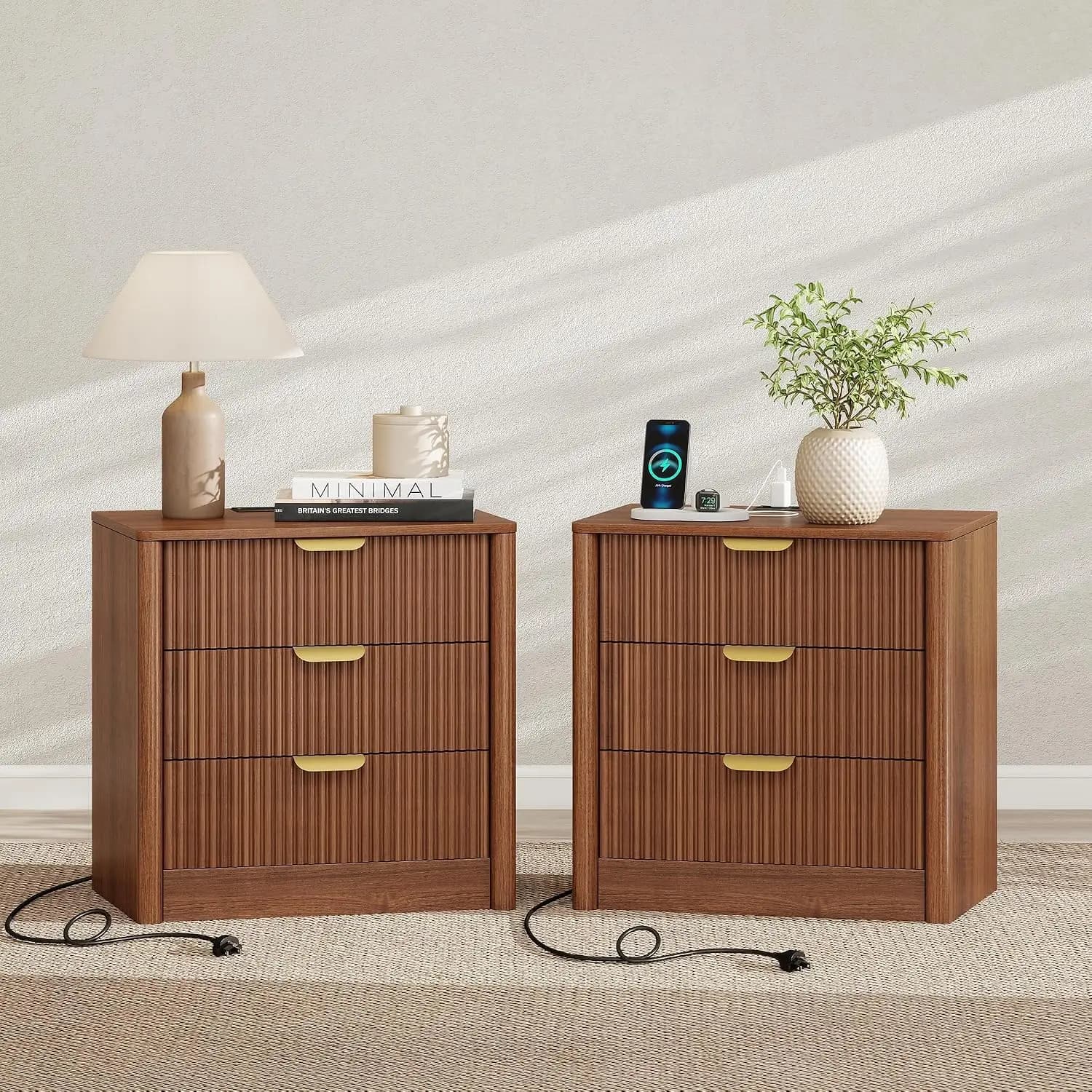 Walnut Nightstand Set of 2 with Charging Station, Modern Bedside Table with Curved Profile, Wooden End Table, Customized