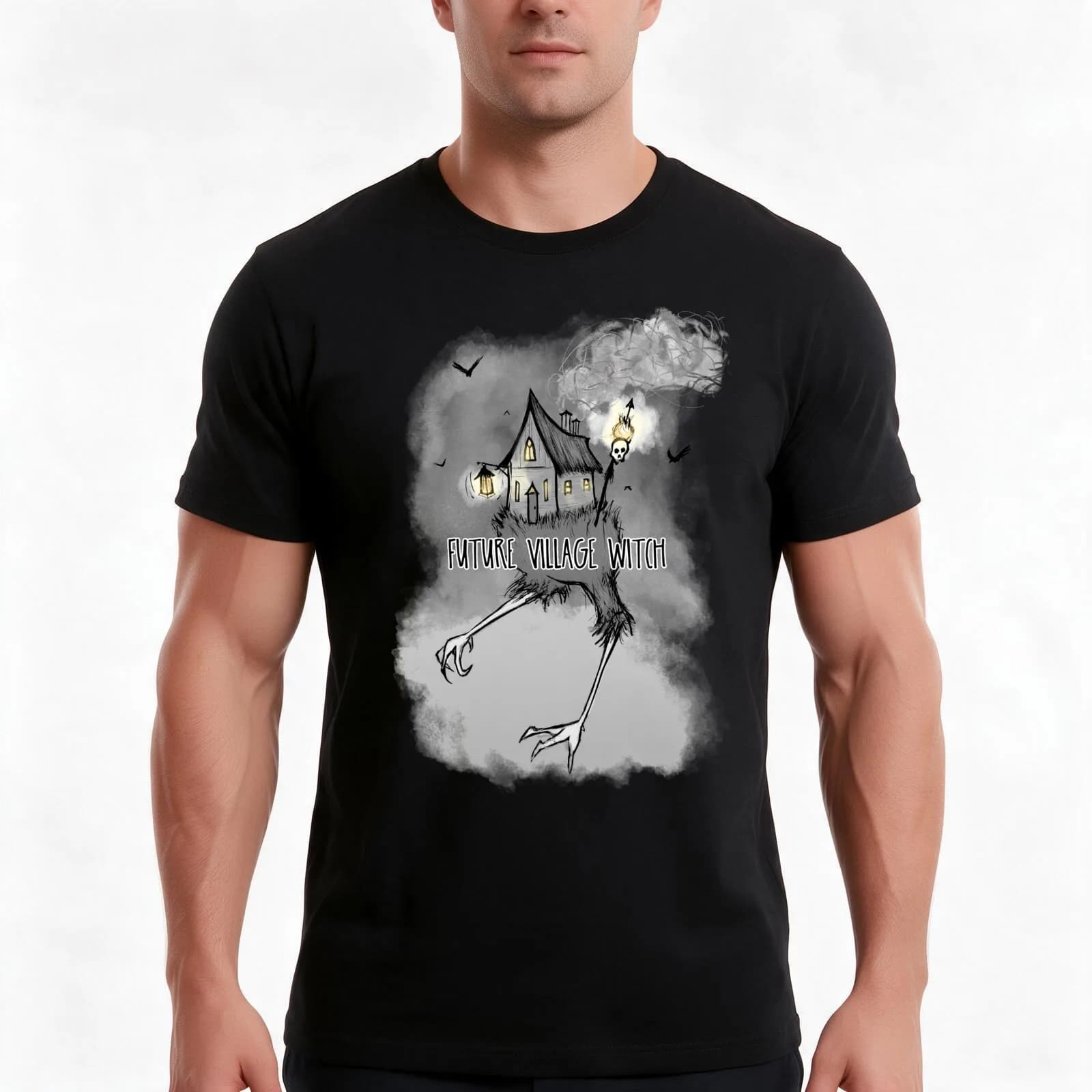 Village Witch T-Shirt, Summer Casual Cotton Tee, Oversized Streetwear Tops, Vintage Graphic Print, Loose Fit Short Sleeve