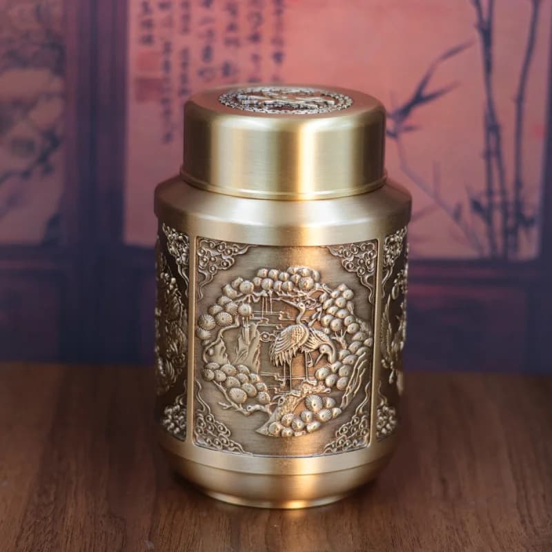 Brass Dragon Phoenix Crane Qilin Relief Home Table Living Room with Lid Mythical Beast Savings Canister Tea Cer