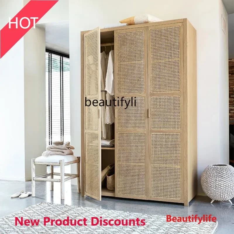 MM45 Nordic Solid Wood Wardrobe Locker Bedroom Storage Bed & Breakfast Rattan Wardrobe