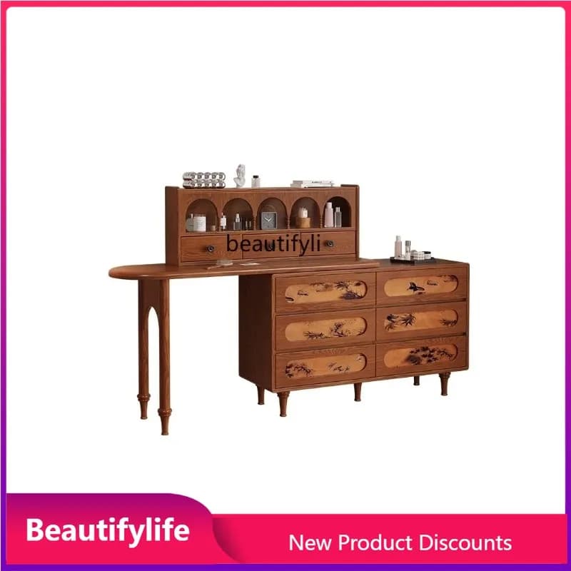 Ash Wood Solid Wood Dressing Table with New Retro Bedroom Retractable Makeup Table H