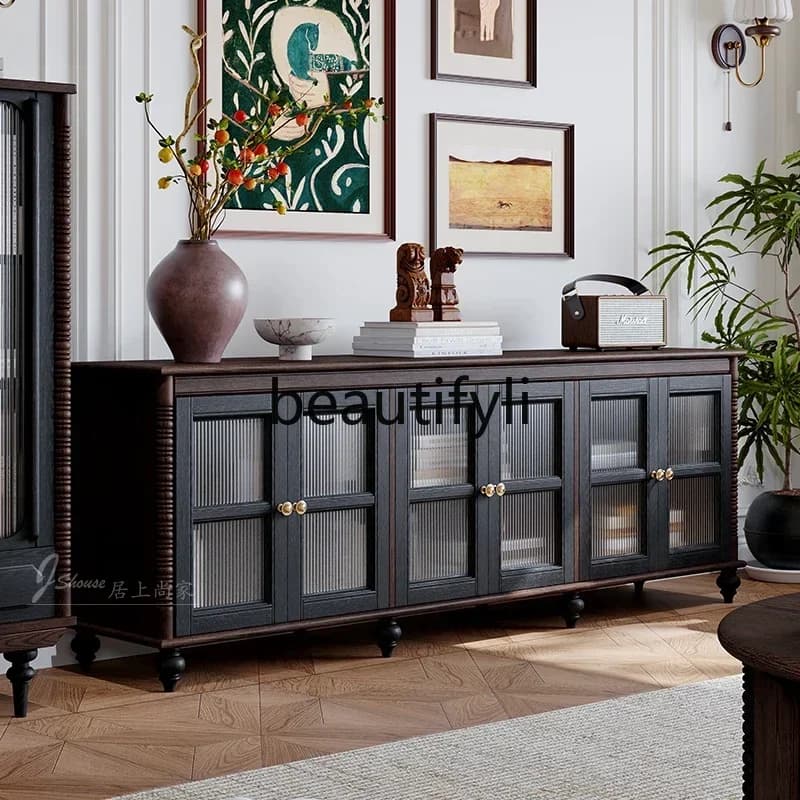 SS ss7486 French retro pure solid wood TV cabinet double spell black American living room coffee table TV cabinet combination fl