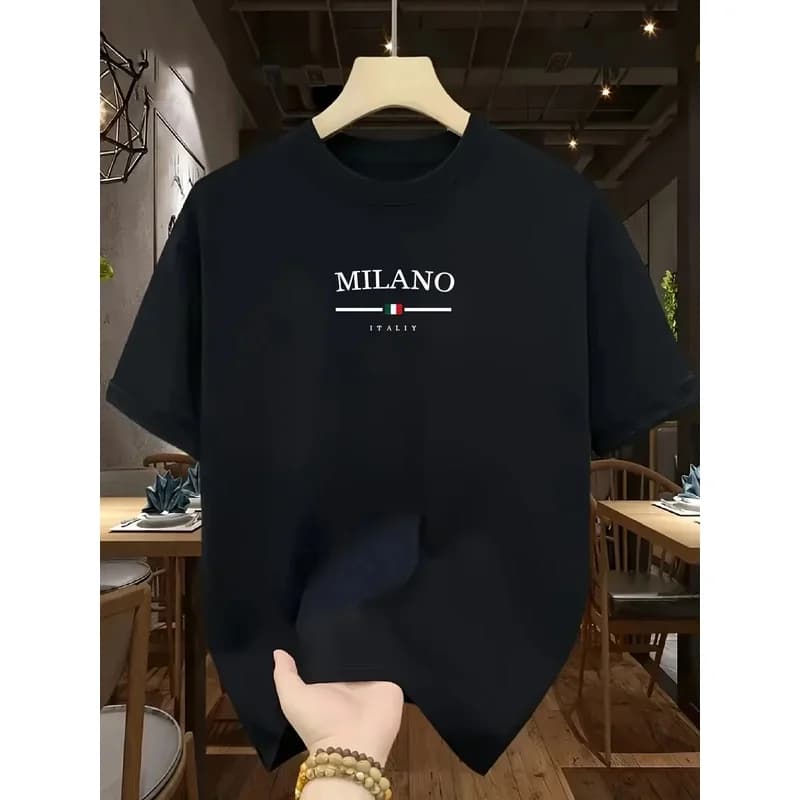 Men's 100% Pure Cotton Fashionable Casual Loose Italian Style Milan Letter Printed Round Neck Short Sleeved T-shirt Top