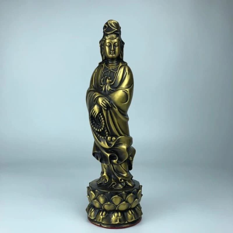 Exquisitely Crafted Brass Guanyin Bodhisattva Statue Standing on Lotus Flower, Decorative Ornament for Home Living Room