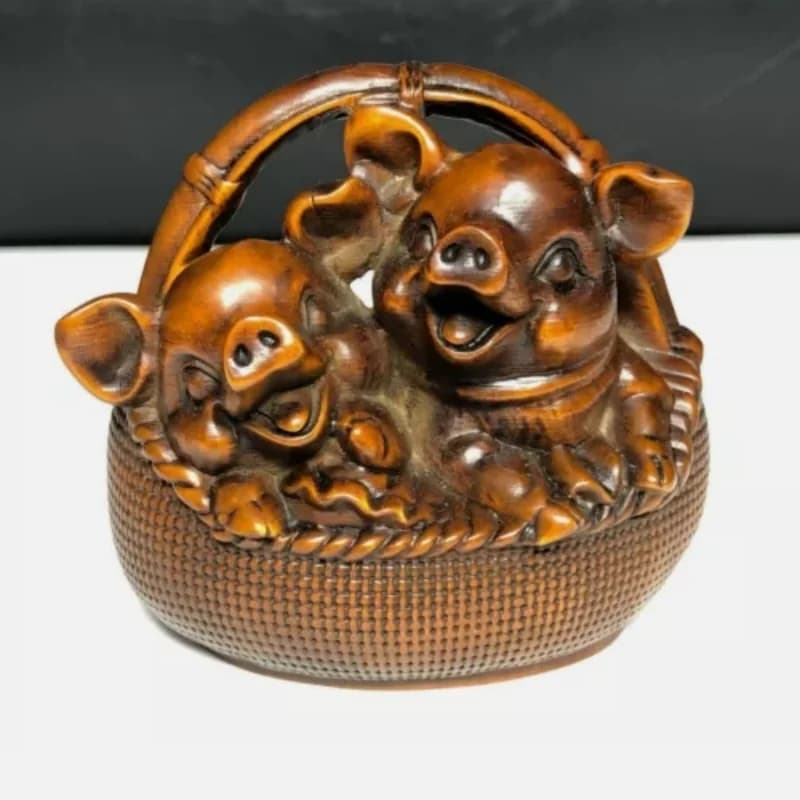 Chinese Boxwood Wood Fengshui Basket & Pair Happy Pigs Pig Family Wealth Statue