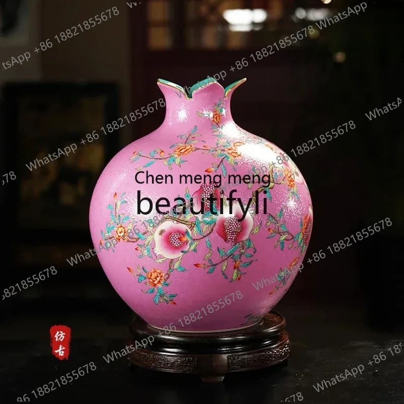 Jingdezhen ceramic vase hand-painted flower and bird pattern pomegranate vase Chinese ornament decoration office living r X