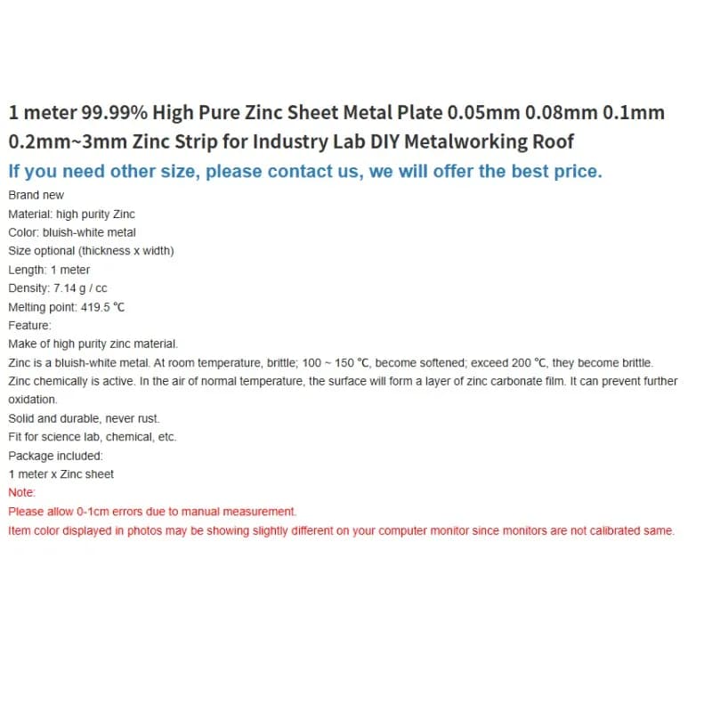 1M 99.99% High Purity Zinc Sheet Metal 0.05-3mm Zinc Strip Lab Electrochemical DIY Machining Accessories