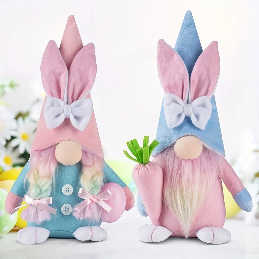 2-Piece Easter Dwarf Plush Toy Set, Textile Material, Pink And Blue, Home Decoration, Ideal Gift Set