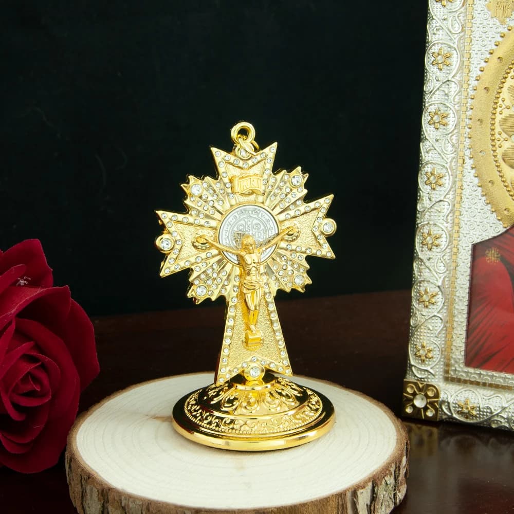 HTISOK Gold Plated Catholic Church Cross With Stand Church Home Car Decor Jesus Crucifix Cross Religious Craft Gift