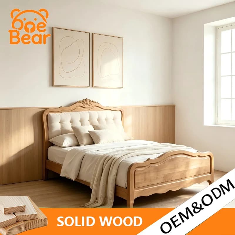 Solid Hardwood Bed Modern Natural Style Nordic Vintage Wave Carved Design Full Queen Size for Rustic Farmhouse Bedroom Furniture