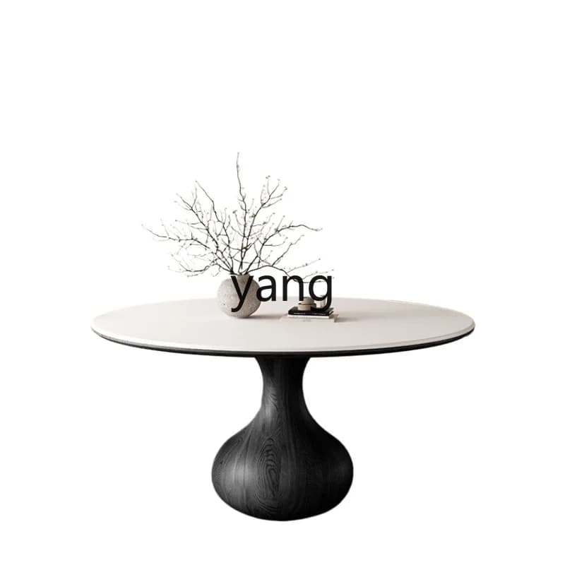 LMM  retro wind rock slab dining table with turntable household small apartment black modern simple solid wood round table