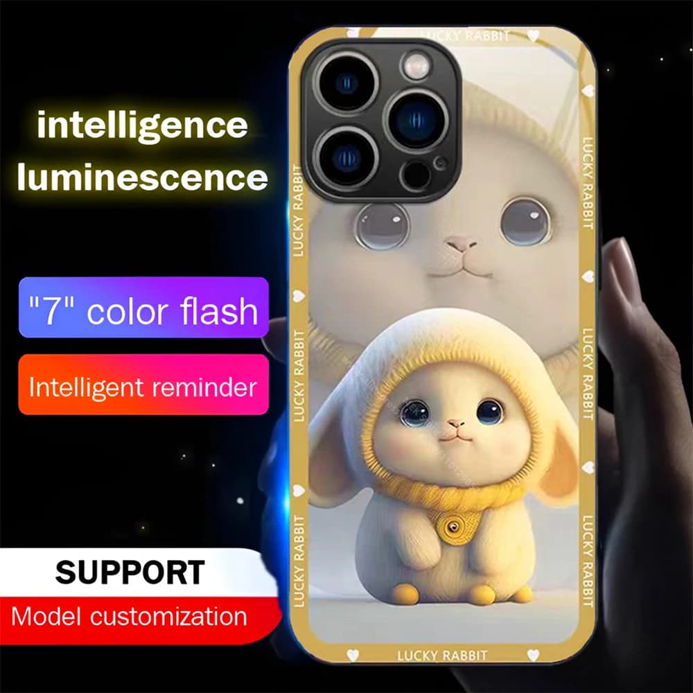 So Cute Yellow Hat Rabbit Sound Control LED Flash Cases Luminous Glass Cover For Samsung S25 S24 S23 S22 S21 S20 FE Plus Ultra