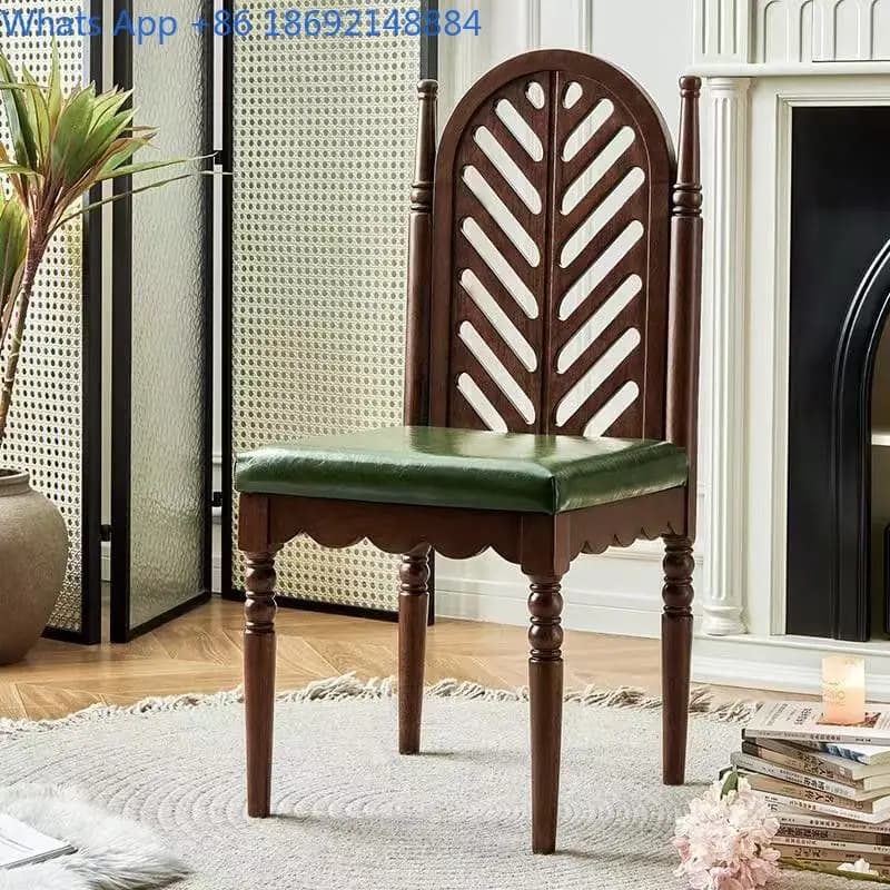 French Vintage Style Solid Wood Upholstered Retro Dining Chair with Backrest for Home Use Leather Retro Home Leisure Chair