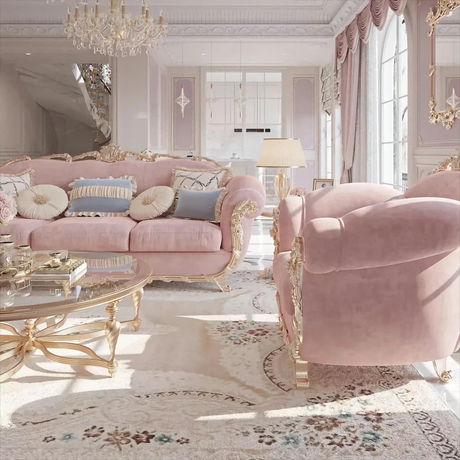 Carved fabric three-person sofa