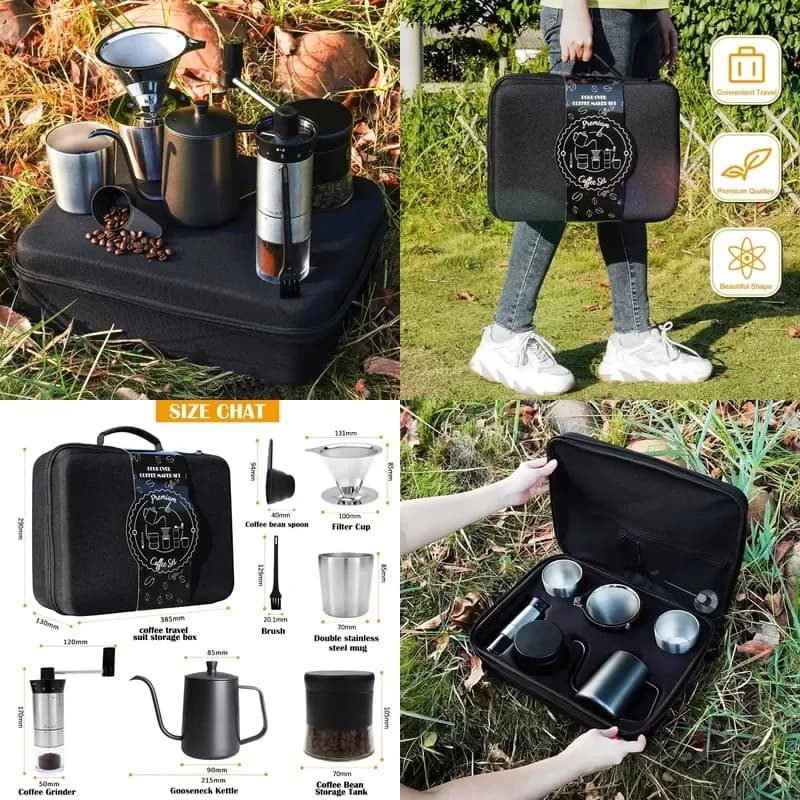 8PCS Portable Pour Over Coffee Maker Kit Travel Camping Gift Box Set Stainless Steel Components Ideal For Coffee Lovers