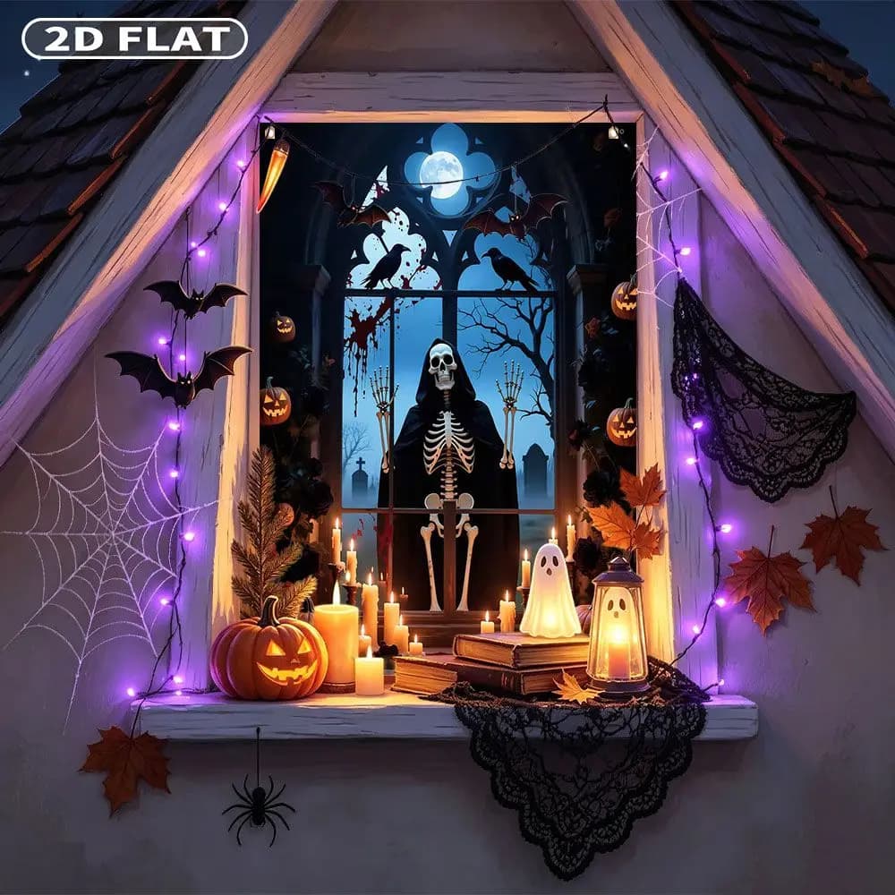 2D FLAT 1pc Party Window Cover Banner, with Skeleton In Black Hood With Candles And Pumpkins, No Power Need Home Decor