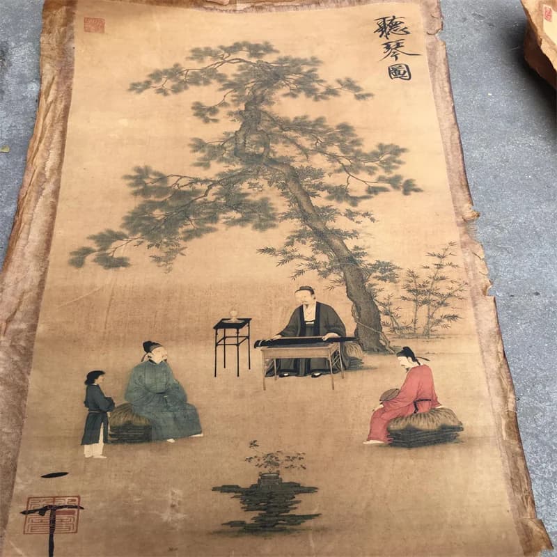 China Old Scroll Painter's Rice Paper Wall Art Slice Zhao Ji's picture of listening to the qin Traditional Asian Decor