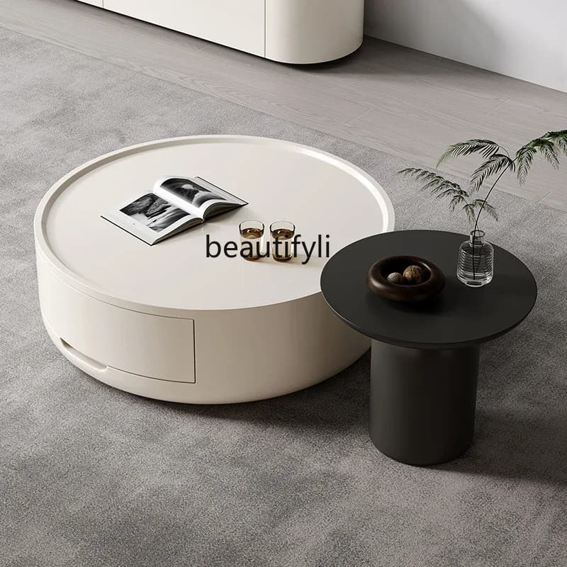X Cream Style Round Coffee Table Set for Living Room, Small Apartment, Minimalist High