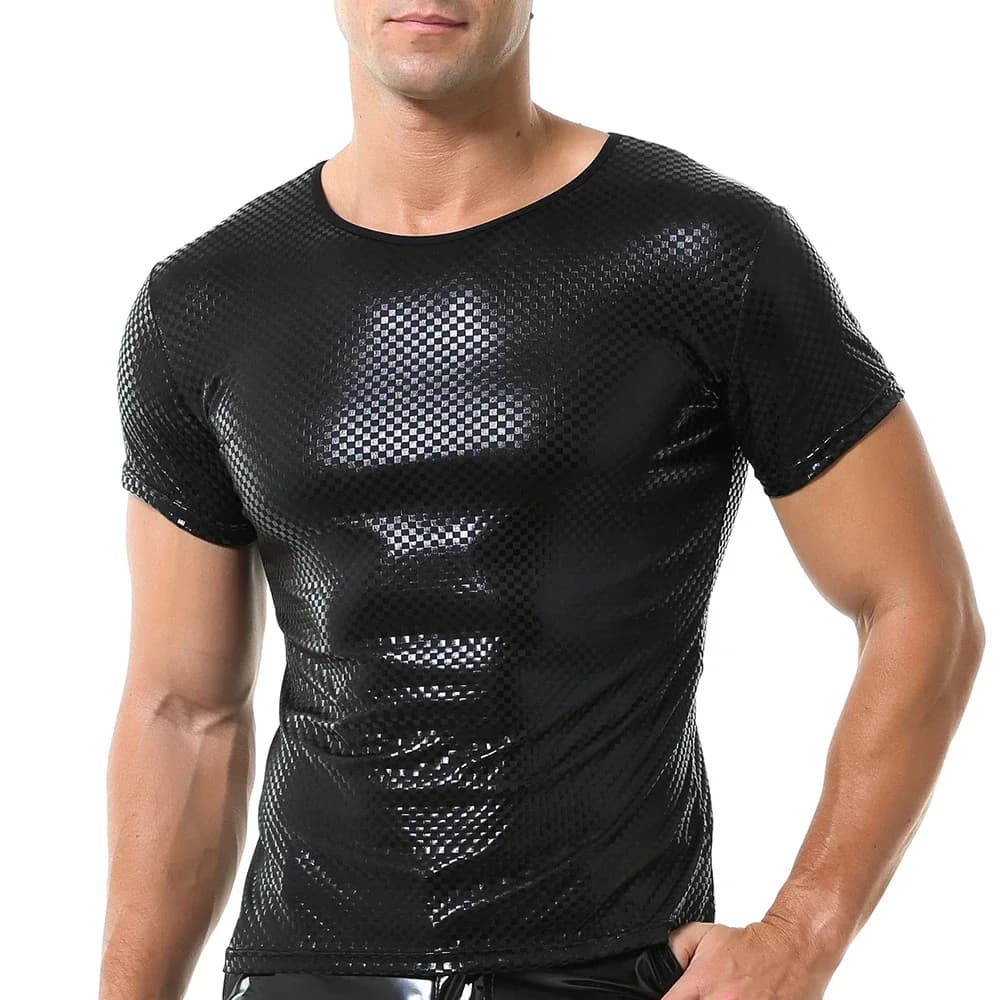 Casual Mens Faux Leather Short Sleeve T-Shirt Tees Shirt Gym Fitness Leather Muscle Tops Men Party Clubwear Shirt Men's Clothing