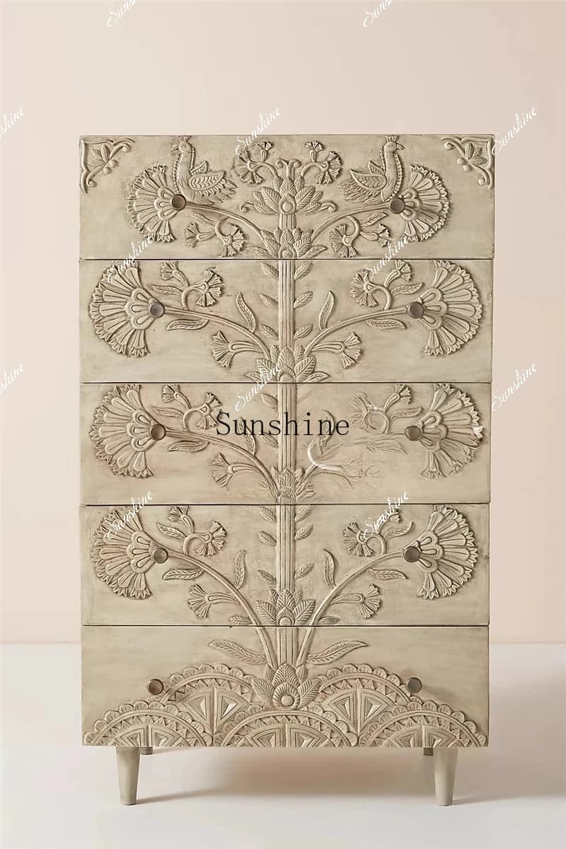 French retro art solid wood carving flower chest of drawers American country bedroom drawer storage FT